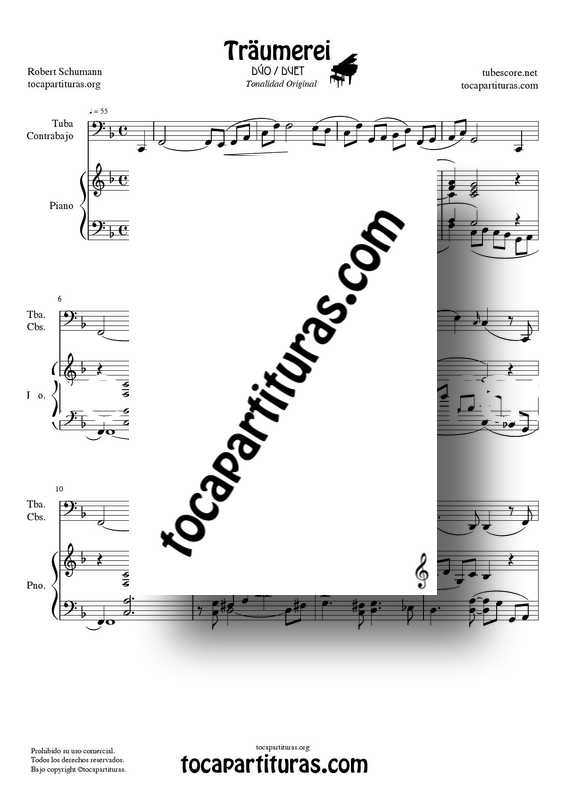 Traumerei de R. Schumann Op 15 Partitura Dúo Tuba : Contrabajo y Piano Acompañamiento