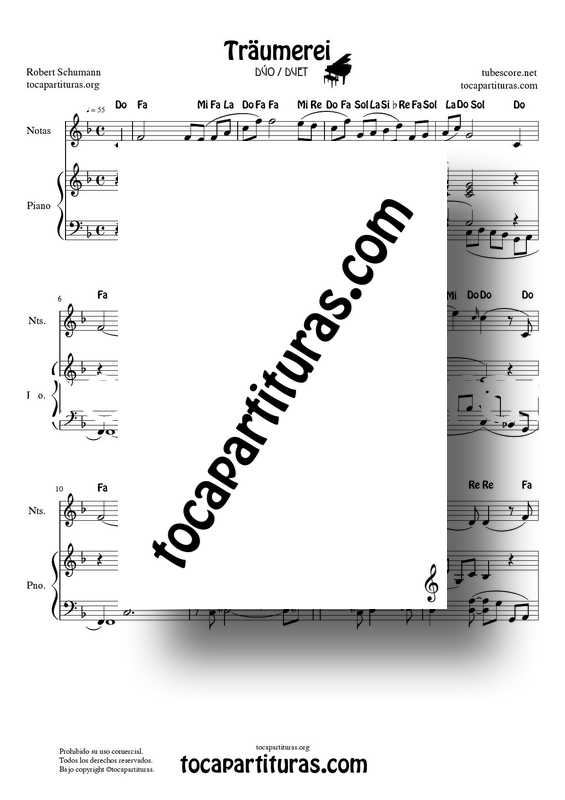 Traumerei de R. Schumann Op 15 Partitura Dúo con Notas y Piano Acompañamiento (Violín, Flautas, Oboe...) venta PDF y MIDI