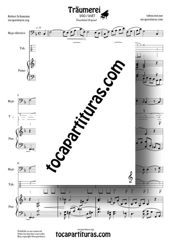 Traumerei de R. Schumann Op 15 Partitura Tablatura Dúo Bajo Eléctrico y Piano Acompañamiento (Punteo Tab) Traumerei de R. Schumann Op 15 Partitura Piano Acompañamiento venta PDF MIDI