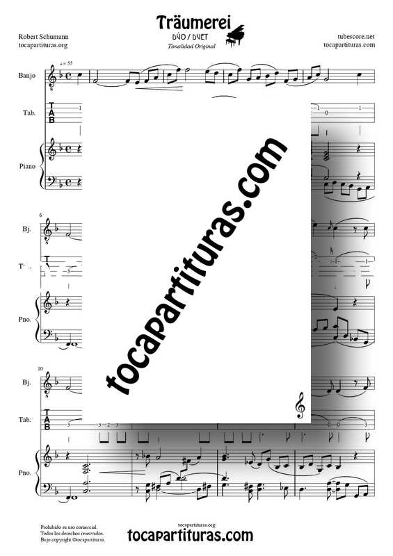 Traumerei de R. Schumann Op 15 Partitura Tablatura Dúo Banjo y Piano Acompañamiento (Punteo Tab) venta pdf midi