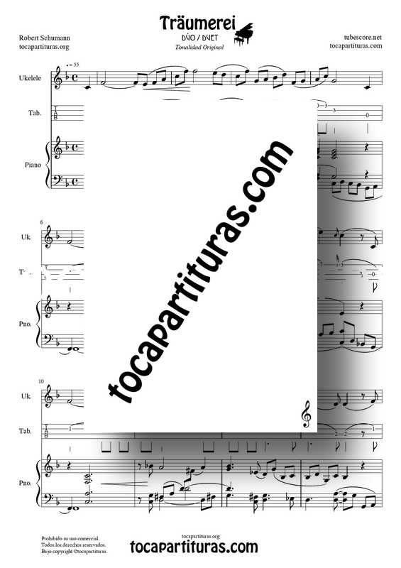 Traumerei de R. Schumann Op 15 Partitura Tablatura Dúo Ukelele y Piano Acompañamiento (Punteo Tab) venta pdf midi