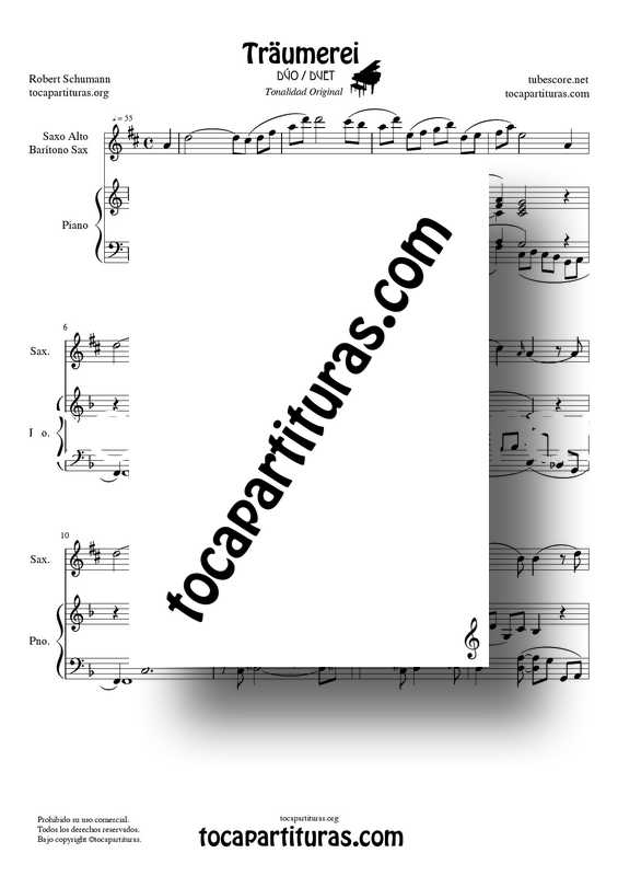 Traumerei de R. Schumann Op 15 Partitura Dúo Saxofón Alto : Barítono Sax y Piano Acompañamiento venta pdf midi