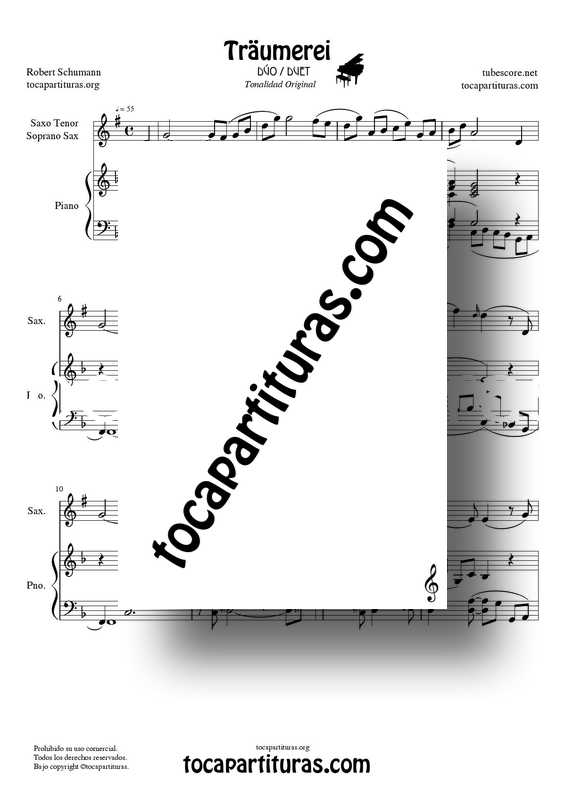 Traumerei de R. Schumann Op 15 Partitura Dúo Saxofón Tenor : Soprano Sax y Piano Acompañamiento venta pfd midi