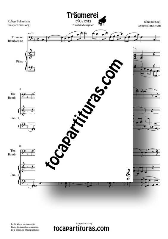 Traumerei de R. Schumann Op 15 Partitura Dúo Trombón : Bombardino y Piano Acompañamiento venta pdf midi