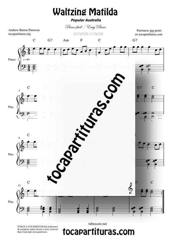 Waltzing Matilda PartituraS PDF Y MIDI de Piano en Do Mayor Fácil