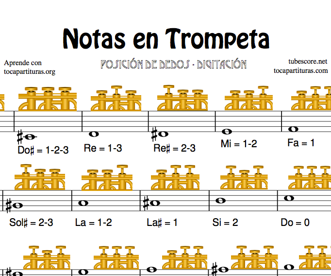 En este momento estás viendo Digitación para Trompeta: Cómo tocar las notas con Partitura (Fingering Chart)