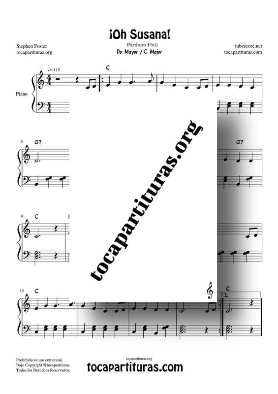 ¡Oh Susana! Partitura Fácil PDF y MIDI de Piano en Do Mayor Principiantes